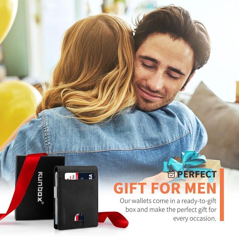 RUNBOX محافظ نقود للرجال، محفظة جلدية رفيعة للرجال، محفظة جيب أمامية مانعة لتقنية RFID، حامل بطاقات ائتمان رفيع مع صندوق هدايا - Image 4